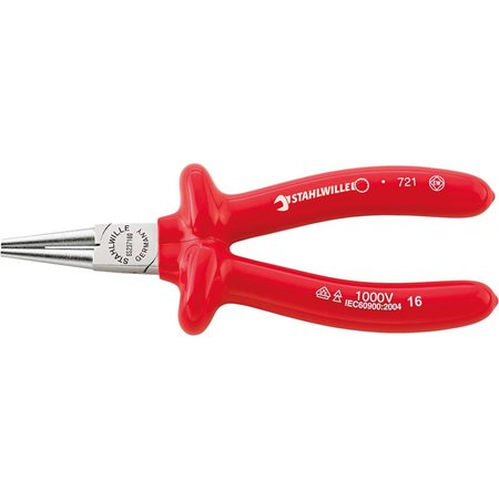 STAHLWILLE TOOLS VDE round nose plier, short L.160 mm head chrome plated handles dip-coated insulation 65237160